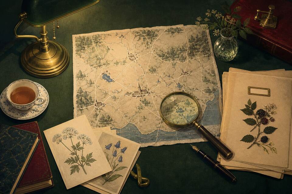 An original illustrated evidence desk with maps, notes and village clues
